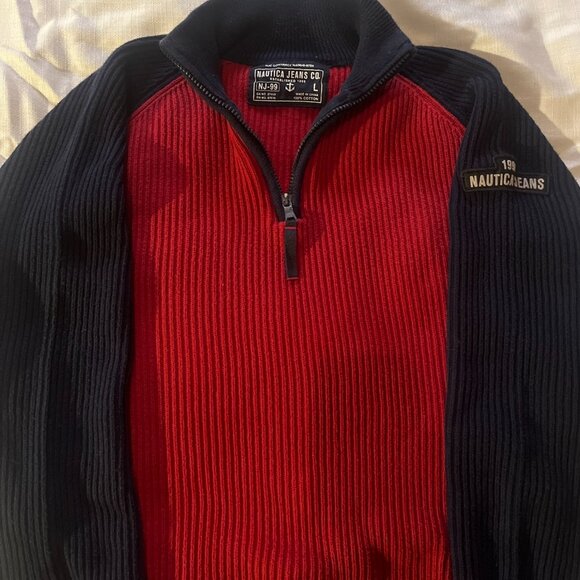 Nautica Jeans Co. 1/4 Zip Red and Blue Ribbed Pullover Sweater - Picture 4 of 5
